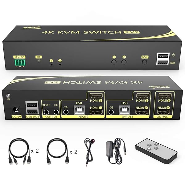 eKL HDMI KVM Switch 2x2 Dual Monitor 4K@60Hz with Audio & USB Hub - Effortless PC, Monitor, Keyboard, Mouse Switching
