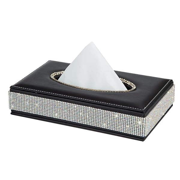 Elegant Rectangle Tissue Box Cover with Bling Crystal Diamonds - Premium Leather Holder for Car, Office & Home - Black