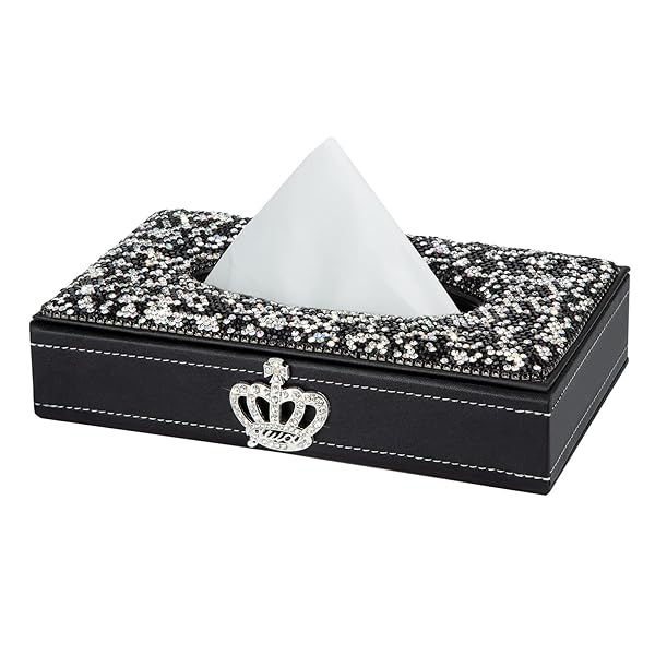 Elegant Rectangle Tissue Box Cover in Black Leather with Bling Crystal Diamonds - Perfect for Car, Office & Home Decor