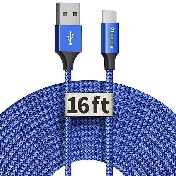 etguuds 16ft USB C Cable - Fast Charging Nylon Braided USB-A to Type C for Phones & Tablets - Extra Long, Durable & Stylish Blue