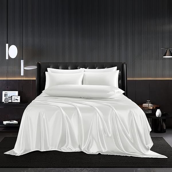 HommxJF 5Pcs Satin Sheets Set Full Size White Silky Bedding Luxury Breathable Flat Fitted Pillowcases