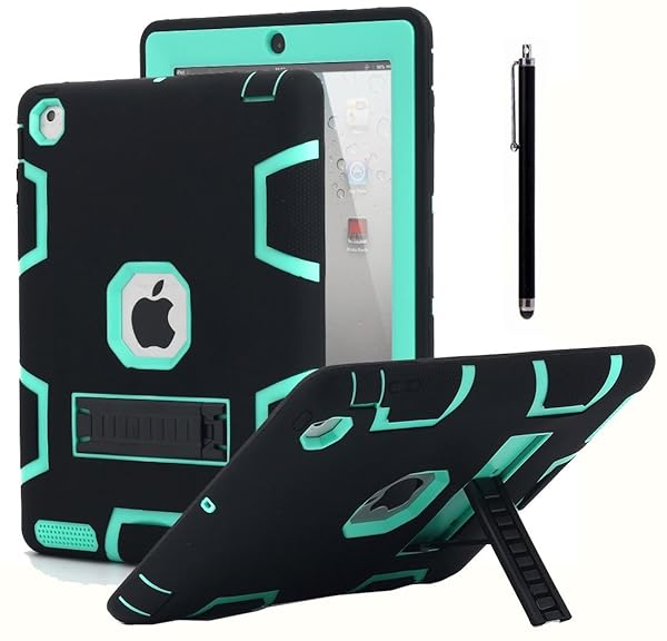AICase Heavy Duty Shockproof iPad 2 3 4 Case with Kickstand and Stylus Rugged Three Layer Armor Protection Black Mint Blue