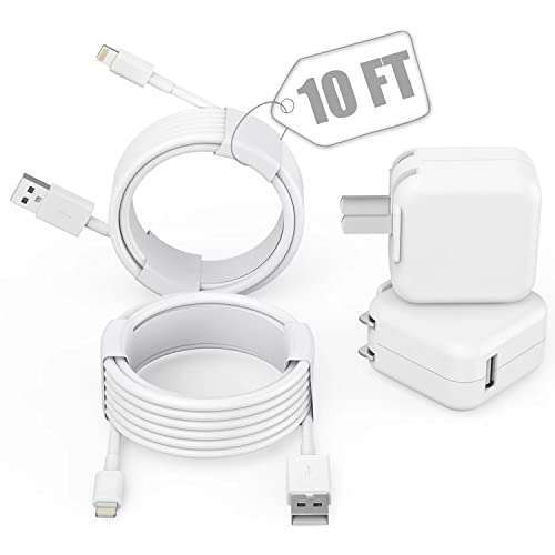 TrimDish 2-Pack MFI Certified 10FT iPad Charger & Fast USB Wall Plug for iPad, iPhone, AirPods - Portable & Foldable Design