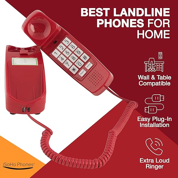 Crimson Red Corded Landline Phone - Easy Big Button Desk & Wall Phone for Seniors & Home Office - Image 7