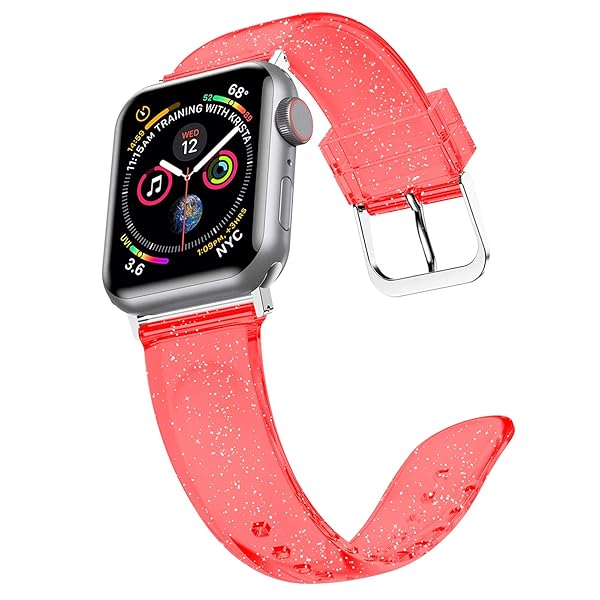 iiteeology Soft Glitter Clear Apple Watch Band 46mm 45mm 44mm 42mm for Women Series 1-10 Red Silver - Image 3