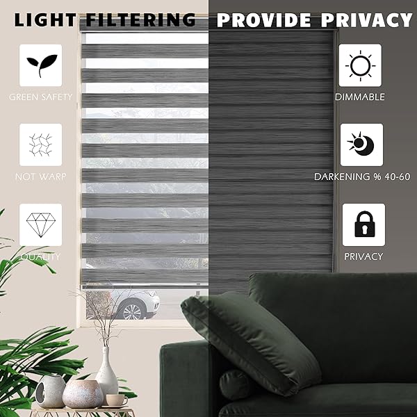 JIANGPIN TEXTILE Dual Layer Zebra Roller Shades Light Filtering Window Blinds Privacy Control 41x72 Inch Grey - Image 5