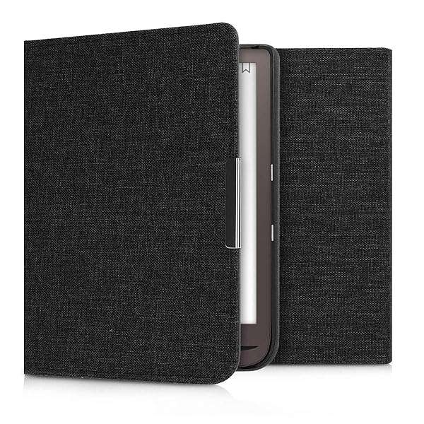 kwmobile Dark Grey Fabric Case for Pocketbook InkPad 3/3 Pro/Color - Stylish Flip Folio e-Reader Cover - Image 2