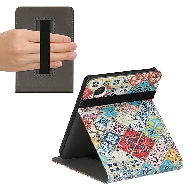 KWMobile Kobo Clara 2E & Tolino Shine 4 Case - Moroccan Vibes Stand & Strap in Blue/Red/Light Brown - Image 7