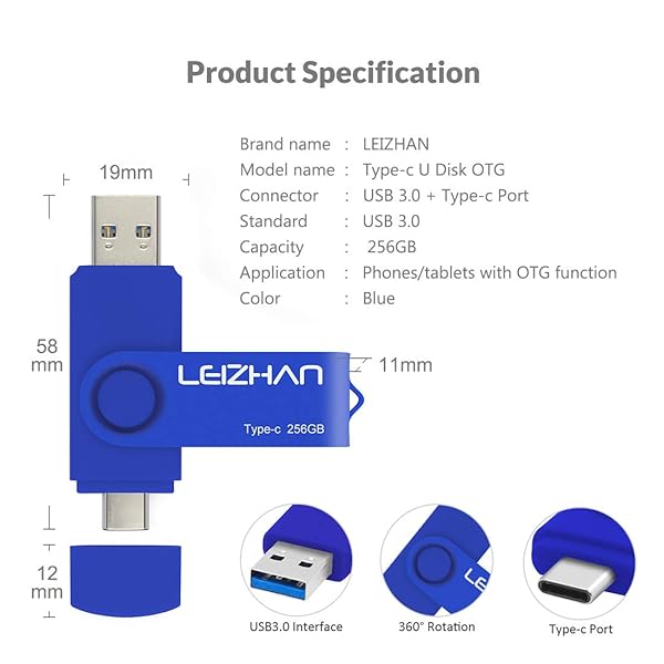 Leizhan 3.0 USB Flash Drive 256GB Type C Photo Stick for HTC 10 Huawei P20 Samsung Galaxy S10 S9 Note 9 S8 S8 Plus Blue - Image 7