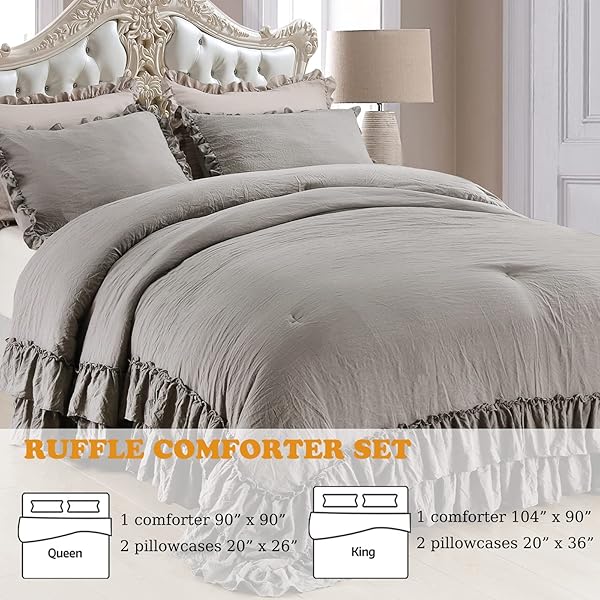 Masaca Gray Ruffled Comforter Set King Lightweight Fluffy Vintage Rustic Bedding 3 Pieces Farmhouse Shabby Boho Chic Design - Image 4