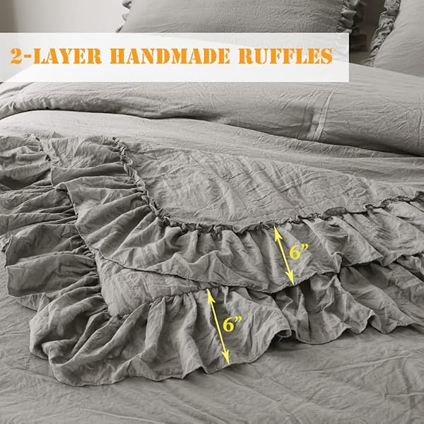 Masaca Gray Ruffled Comforter Set King Lightweight Fluffy Vintage Rustic Bedding 3 Pieces Farmhouse Shabby Boho Chic Design - Image 5