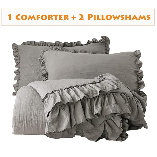 Masaca Gray Ruffled Comforter Set King Lightweight Fluffy Vintage Rustic Bedding 3 Pieces Farmhouse Shabby Boho Chic Design - Image 8