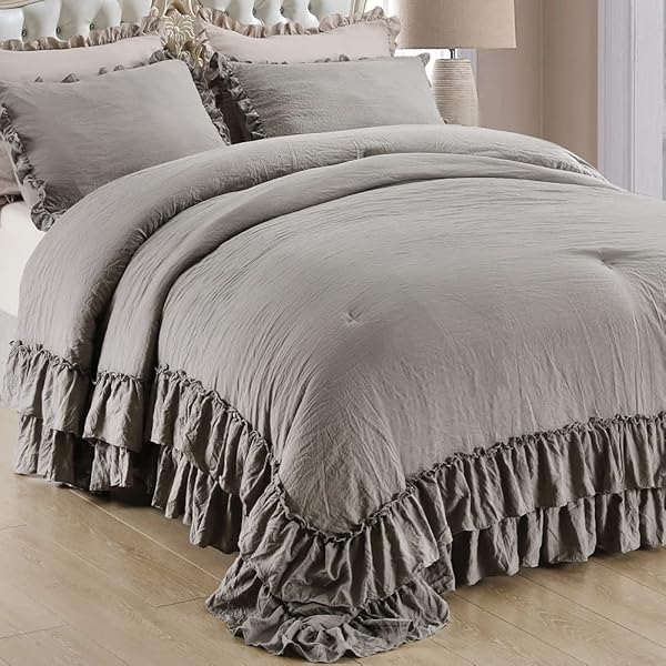 Masaca Gray Ruffled Comforter Set King Lightweight Fluffy Vintage Rustic Bedding 3 Pieces Farmhouse Shabby Boho Chic Design - Image 2