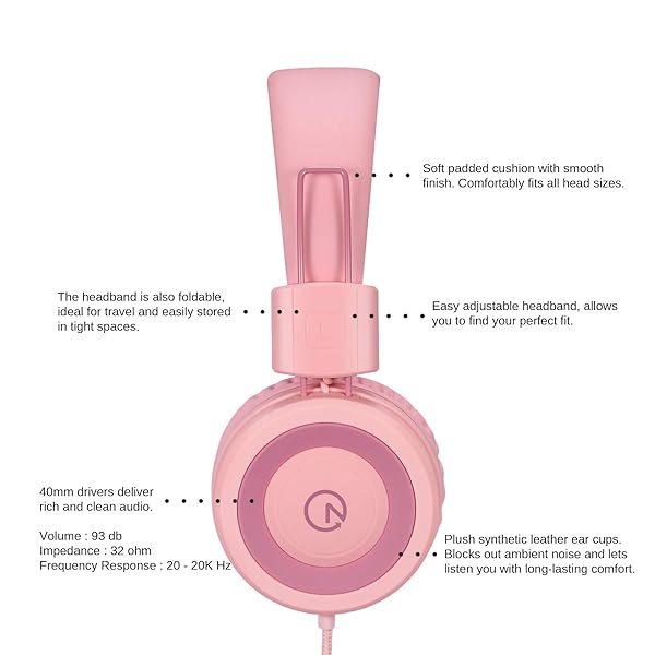Kids Headphones K11: Foldable Stereo, Tangle-Free, 5ft Cord - Perfect for iPad, School, Travel & More - Soft Pink - Image 4