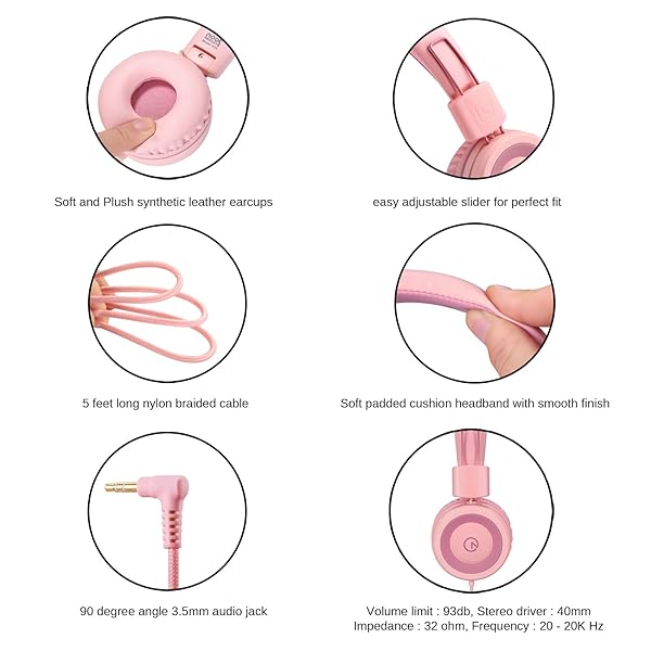 Kids Headphones K11: Foldable Stereo, Tangle-Free, 5ft Cord - Perfect for iPad, School, Travel & More - Soft Pink - Image 5