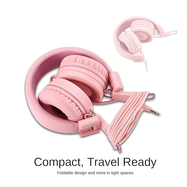 Kids Headphones K11: Foldable Stereo, Tangle-Free, 5ft Cord - Perfect for iPad, School, Travel & More - Soft Pink - Image 6