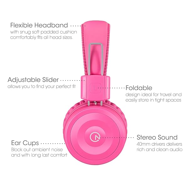 Kids Headphones K22: Foldable Stereo, Tangle-Free, 5ft Cord - Perfect for iPad, Kindle, School & Travel - Flamingo Pink - Image 3