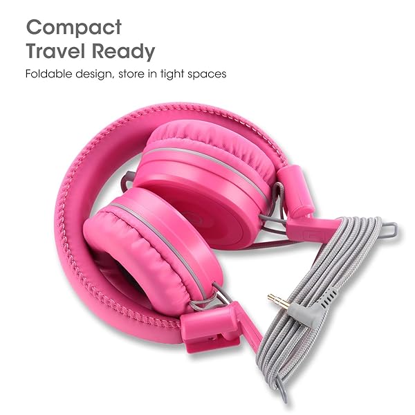 Kids Headphones K22: Foldable Stereo, Tangle-Free, 5ft Cord - Perfect for iPad, Kindle, School & Travel - Flamingo Pink - Image 4