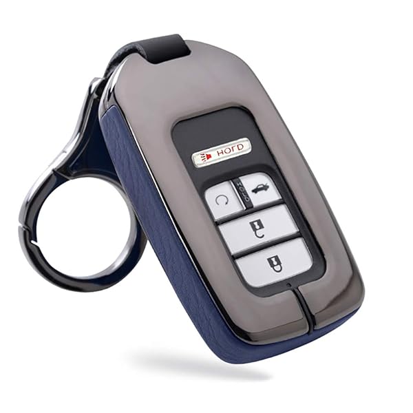 ontto Key Fob Cover for Honda Accord Civic CRV Remote Key Case Holder Metal Leather Protection with Keychain Blue