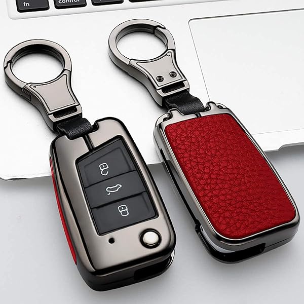 Ontto Stylish Key Fob Cover for VW Skoda Polo Jetta Golf 7 GTI R20 3-Button Leather Key Protector with Keychain Red