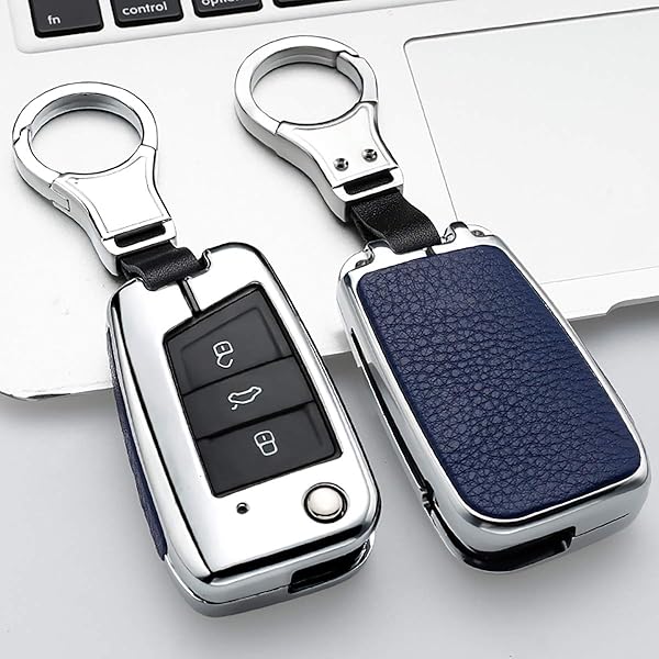 Ontto Stylish Key Fob Cover for VW and Skoda 3-Button Key Case Leather Protector with Keychain Blue
