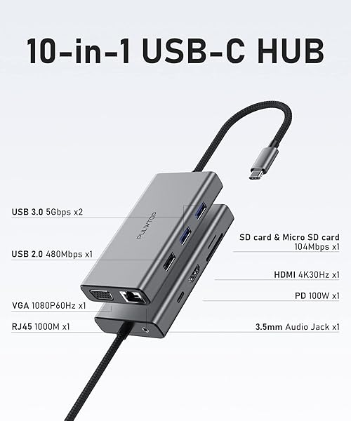 PULWTOP 10 in 1 USB C Hub Laptop Docking Station with HDMI VGA Ethernet USB Ports for MacBook Dell HP Lenovo Type C Devices - Image 4