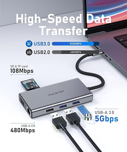 PULWTOP 10 in 1 USB C Hub Laptop Docking Station with HDMI VGA Ethernet USB Ports for MacBook Dell HP Lenovo Type C Devices - Image 7