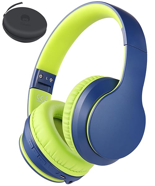 Rockpapa E7 Over Ear Bluetooth Headphones with Mic & Travel Case - Foldable Wired/Wireless for Kids & Adults in Blue/Green