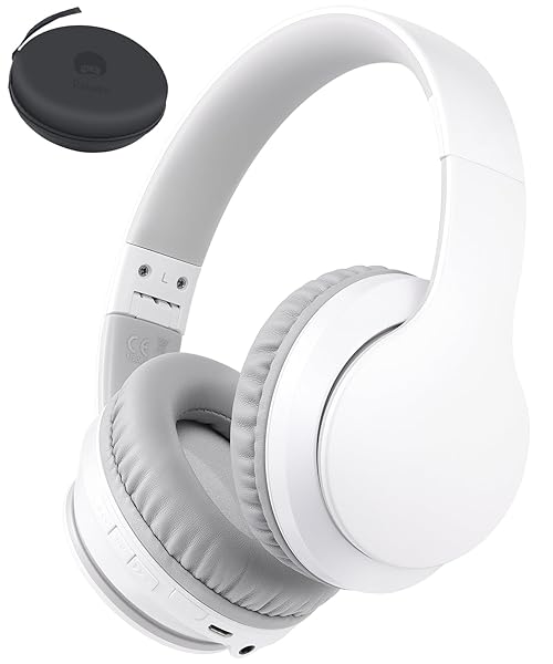 rockpapa E7 Over Ear Wireless Bluetooth Headphones with Mic Include Travel Case, Foldable Wired/Wireless Headphones with Microphone for Kids Childrens Boys Girls Teen Youth Adult White Grey