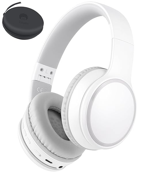 Rockpapa E9 Over Ear Bluetooth Headphones for Kids and Adults Foldable Wired Wireless with Microphone Case White Grey