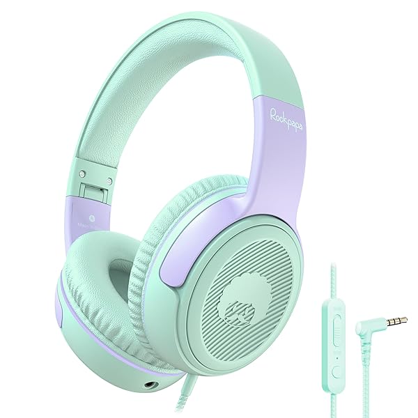 rockpapa Share 1 Kids Headphones Wired with Microphone and Share Port, 85dB 94dB Volume Limited, Cute Foldable Student Child Boys Girls Headphones