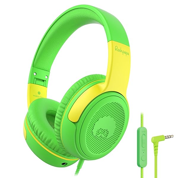 Rockpapa Kids Headphones with Microphone & Share Port - Volume Limited, Foldable, Cute Design for School & Travel (Green/Yellow)