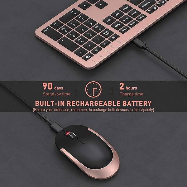 Seenda Rechargeable Wireless Keyboard Mouse Combo Full Size Cordless Ultra Thin Quiet Keyboard and Mouse Set Rose Gold Black - Image 3