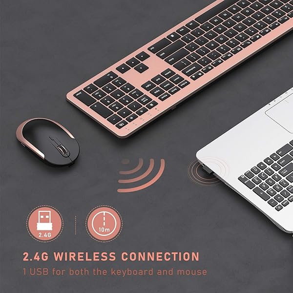 Seenda Rechargeable Wireless Keyboard Mouse Combo Full Size Cordless Ultra Thin Quiet Keyboard and Mouse Set Rose Gold Black - Image 4