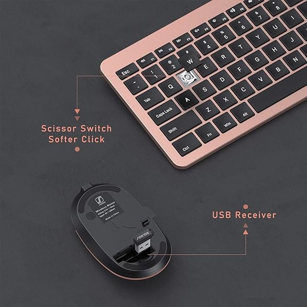 Seenda Rechargeable Wireless Keyboard Mouse Combo Full Size Cordless Ultra Thin Quiet Keyboard and Mouse Set Rose Gold Black - Image 5