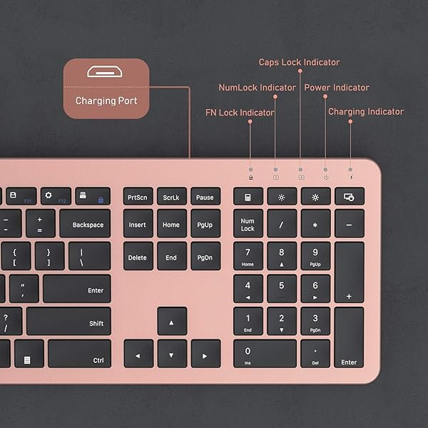 Seenda Rechargeable Wireless Keyboard Mouse Combo Full Size Cordless Ultra Thin Quiet Keyboard and Mouse Set Rose Gold Black - Image 6