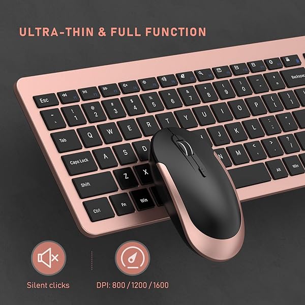 Seenda Rechargeable Wireless Keyboard Mouse Combo Full Size Cordless Ultra Thin Quiet Keyboard and Mouse Set Rose Gold Black - Image 7