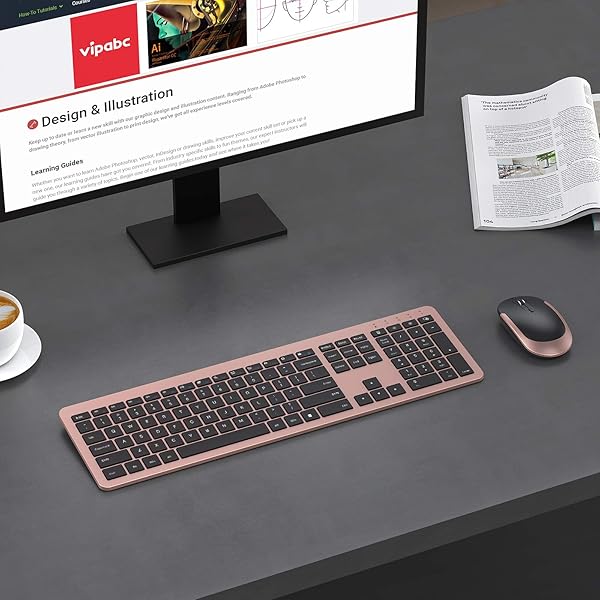 Seenda Rechargeable Wireless Keyboard Mouse Combo Full Size Cordless Ultra Thin Quiet Keyboard and Mouse Set Rose Gold Black - Image 9
