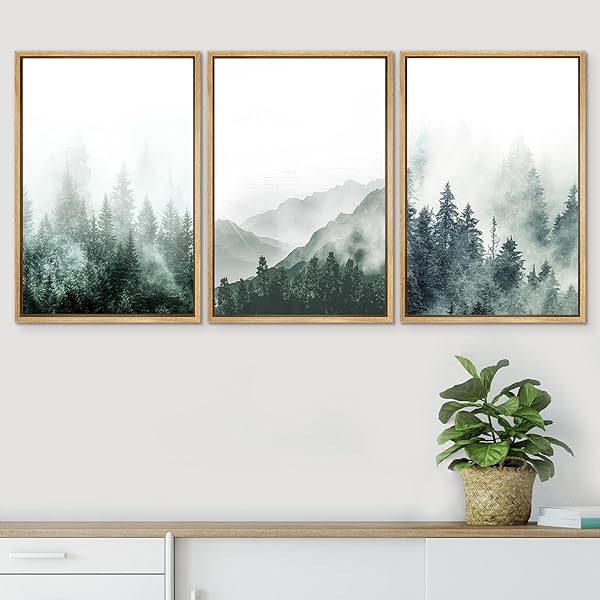 SIGNWIN Framed Canvas Print Woodland Nursery Decor Misty Green Mountain Forest Art for Living Room Bedroom Office 16x24x3 Natural - Image 5