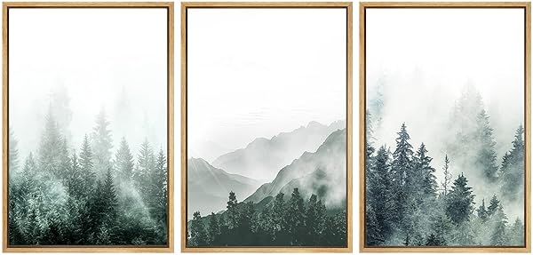 SIGNWIN Framed Canvas Print Woodland Nursery Decor Misty Green Mountain Forest Art for Living Room Bedroom Office 16x24x3 Natural - Image 3