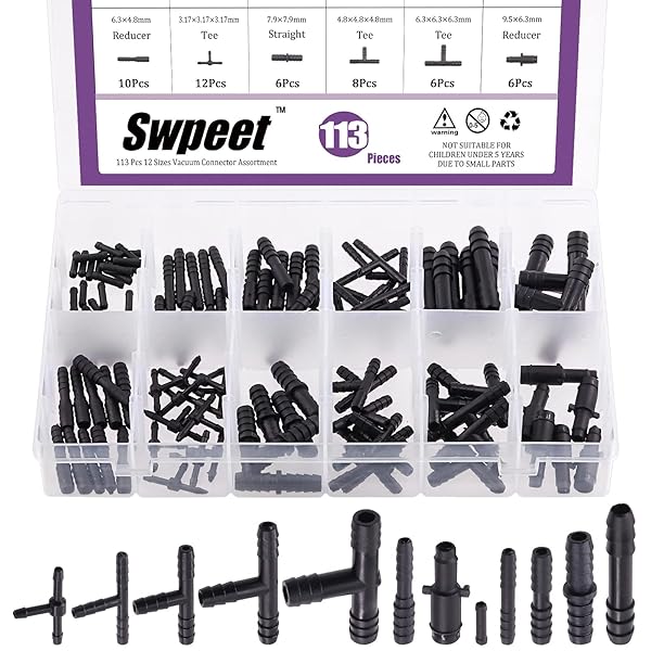 Swpeet 113Pcs Barbed Vacuum Connector Kit with Tee Reducer and Straight Connectors for Vacuum Hose Replacement - Image 3