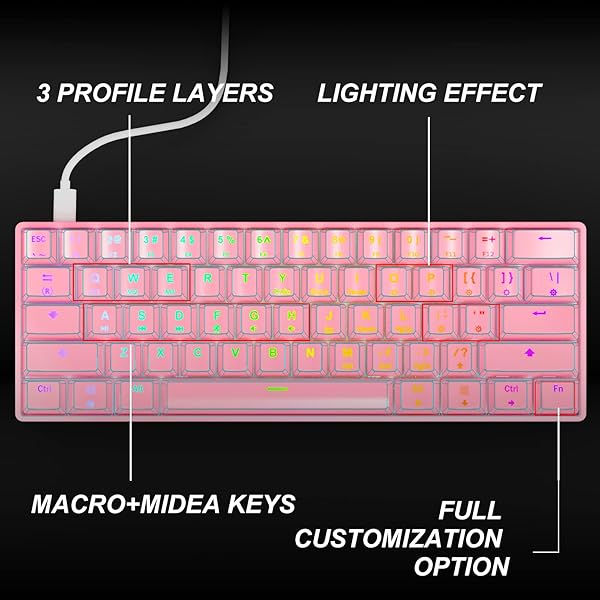 targeal 60% Mechanical Gaming Keyboard - 61 Keys Red Switch Quiet Office Computer Keyboard - Multi Color RGB Rainbow Led Backlit - Programmable for - Image 6