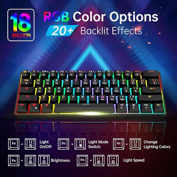 targeal 60% Mechanical Gaming Keyboard - 61 Keys Yellow Switch Quiet Office Computer Keyboard - Multi Color RGB Rainbow Led Backlit - Programmable - Image 3