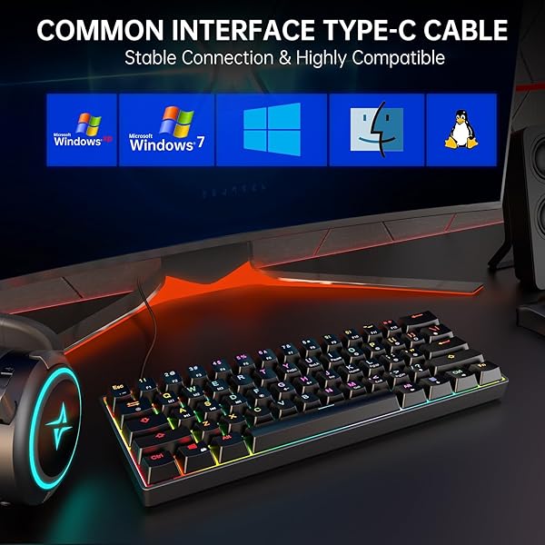 targeal 60% Mechanical Gaming Keyboard - 61 Keys Yellow Switch Quiet Office Computer Keyboard - Multi Color RGB Rainbow Led Backlit - Programmable - Image 4