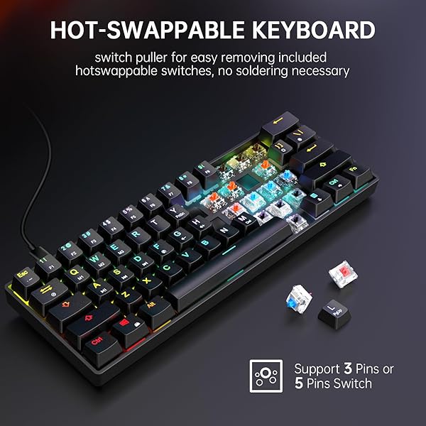 targeal 60% Mechanical Gaming Keyboard - 61 Keys Yellow Switch Quiet Office Computer Keyboard - Multi Color RGB Rainbow Led Backlit - Programmable - Image 6