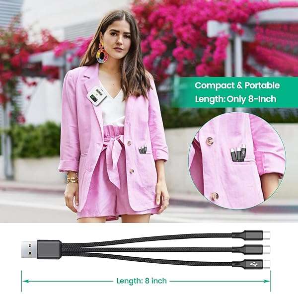 WEISHAN 3-in-1 Charging Cable for Rode Wireless Go II - 8-Inch USB C Charger with 3 Type-C Plugs, 3A Fast Charging - Image 8