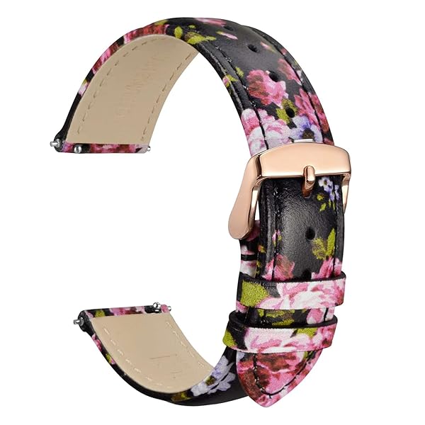 WOCCI WOCCI 18mm Flower Watch Band for Women Genuine Leather Quick Release Strap Rose Gold Buckle Fuchsia Peony
