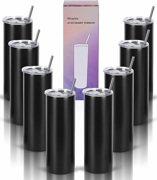 Wzaytia 20 Oz Stainless Steel Skinny Tumbler Set 8 Pack Insulated Travel Cups with Lid Black