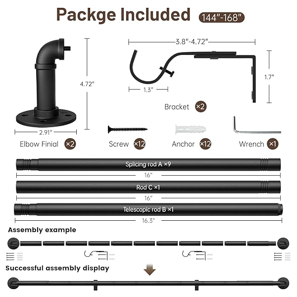 Zeerobee Adjustable Black Curtain Rods 144 to 168 Inch Industrial Wrap Around for Indoor Outdoor Room Divider - Image 7