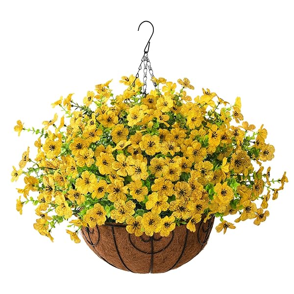 ZFProcess Artificial Faux Hanging Plants for Indoor Outdoor Garden Decor with Silk Daisy in 12inch Basket and Coconut Lining